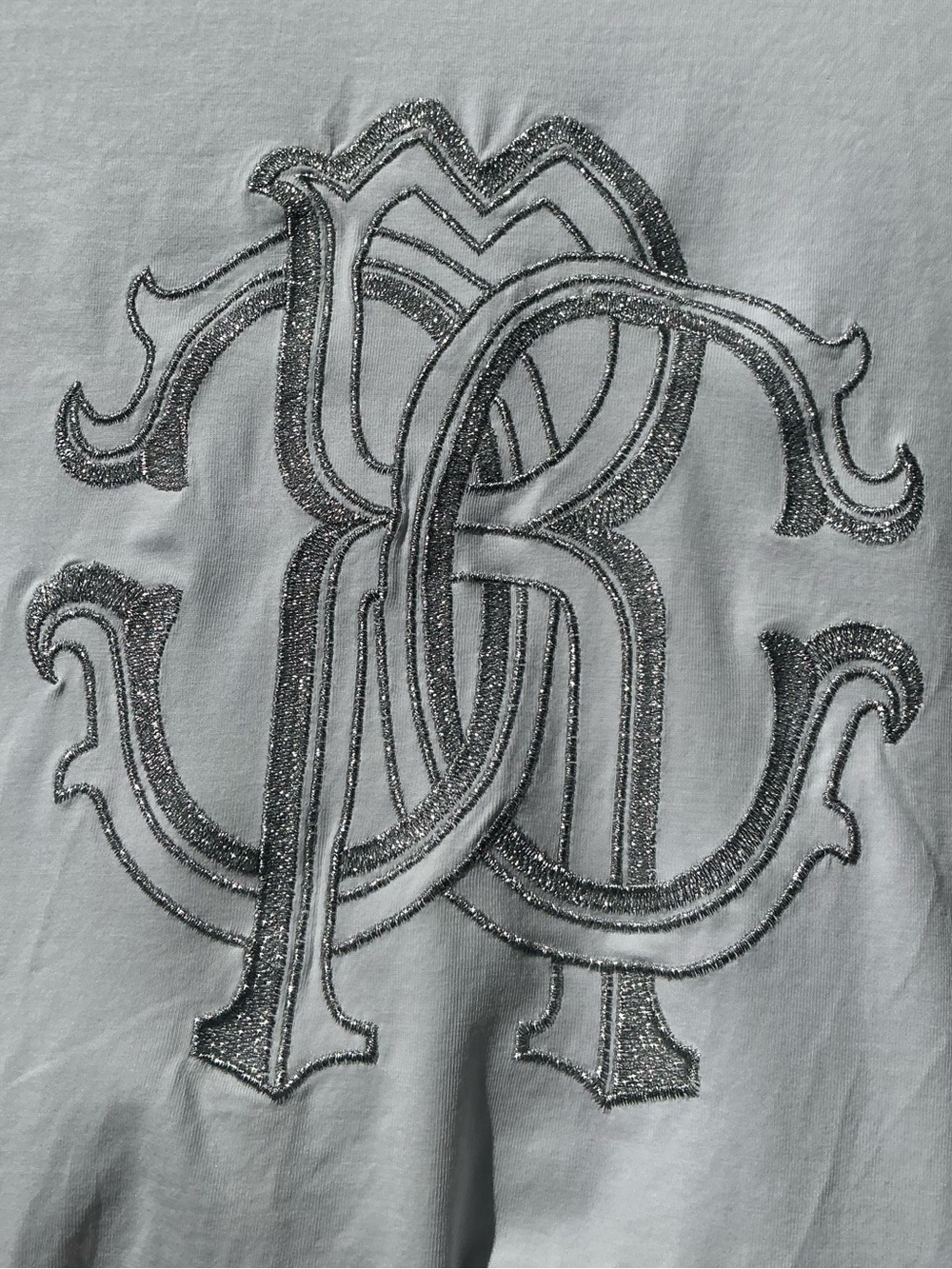 Roberto Cavalli Made in Italy Silver Glitter Monogram Logo Tee White Size XXL - Picture 3 of 5